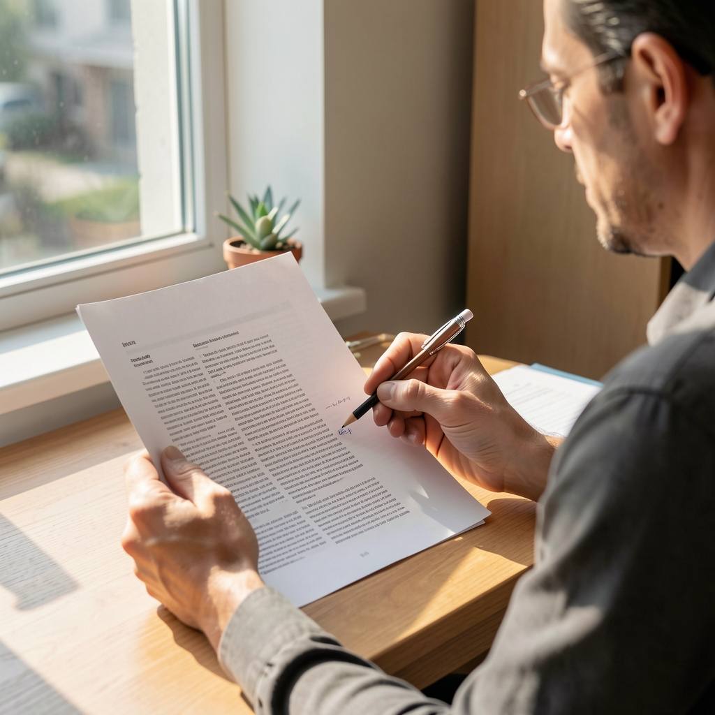 Editor reading a printed health article with pencil notes at a sunlit desk beside a window