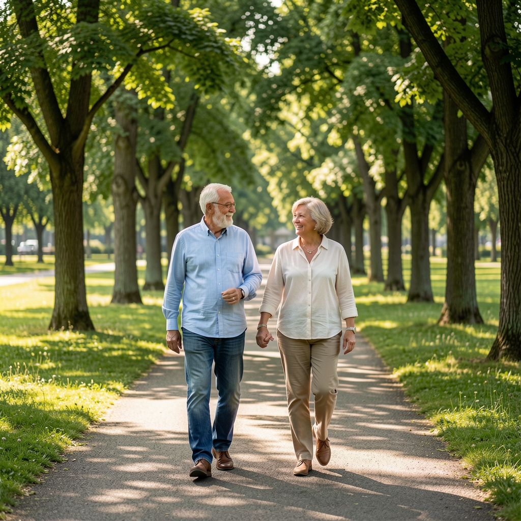 Older friends walking together along a shaded park path in South Jakarta