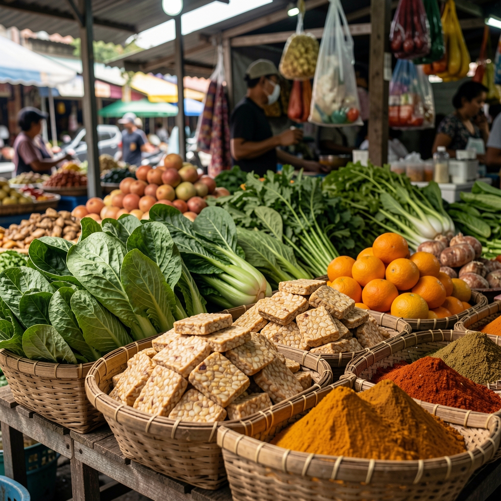 Indonesian market stall with leafy greens, tempeh, citrus, and spices arranged in baskets