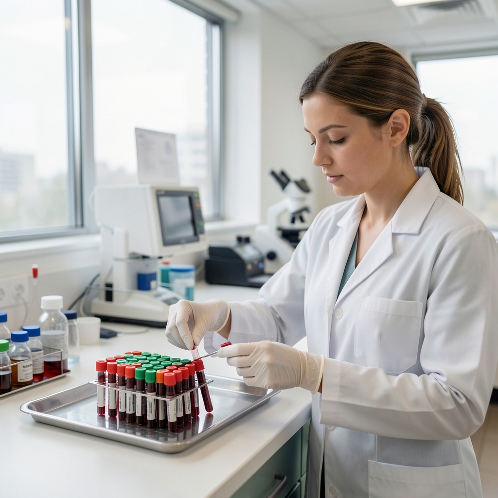 Laboratory technician preparing blood sample tubes on a clean tray in a modern clinic