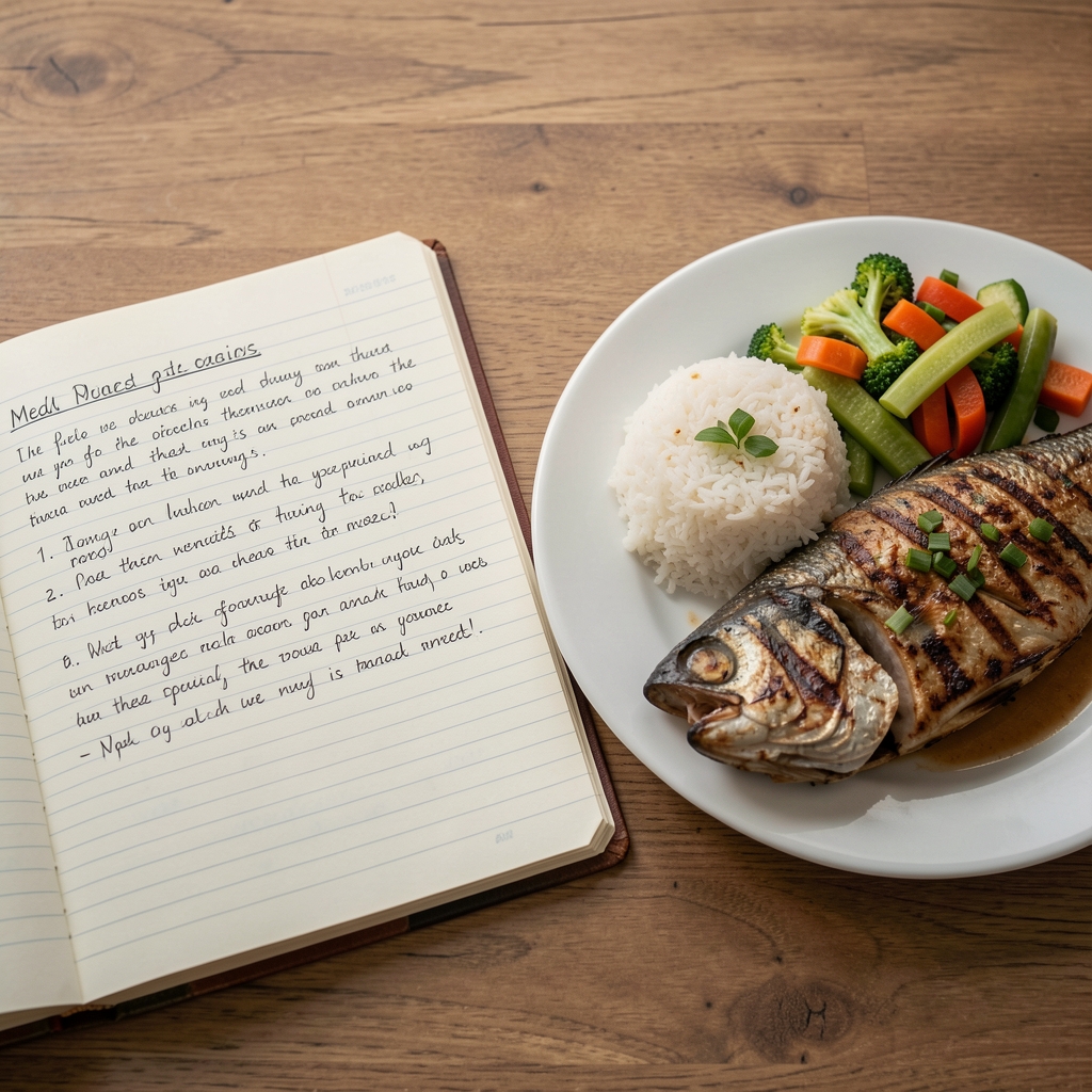 Open notebook with handwritten meal notes beside a plate of rice, vegetables and grilled fish