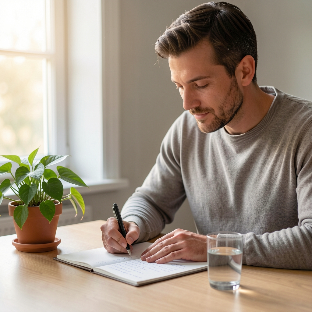 Man writing a calm morning wellness plan beside a glass of water and houseplant