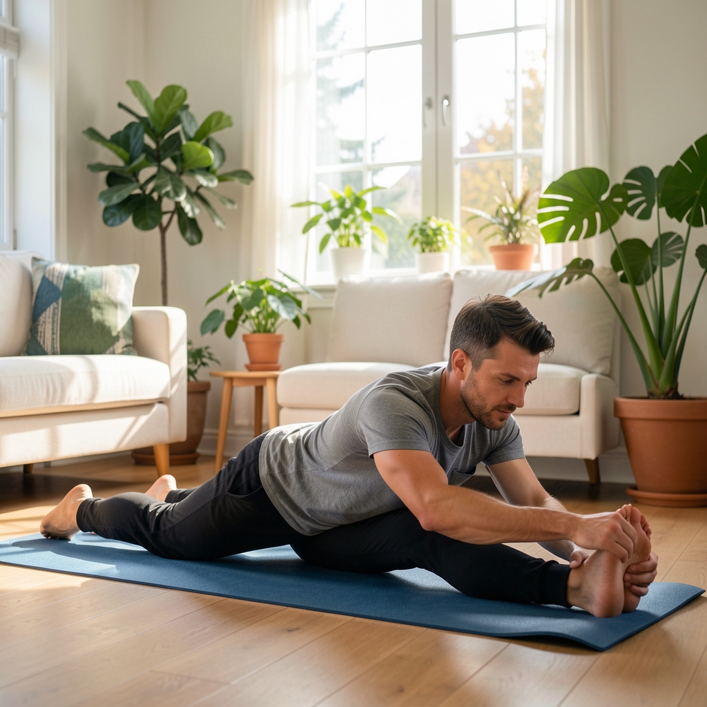 Man stretching on a yoga mat in a bright living room with plants