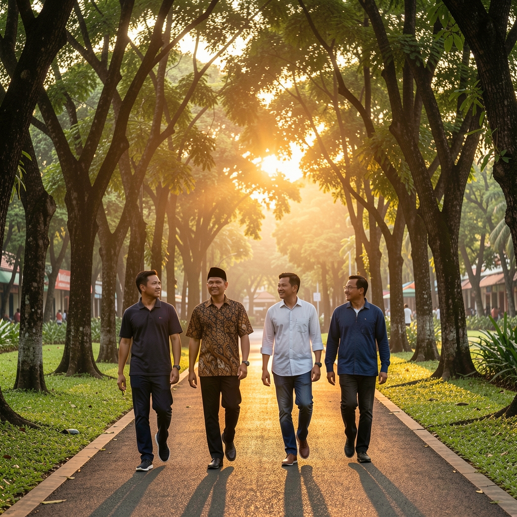 Group of men walking along a tree-lined path in a Jakarta park at sunrise