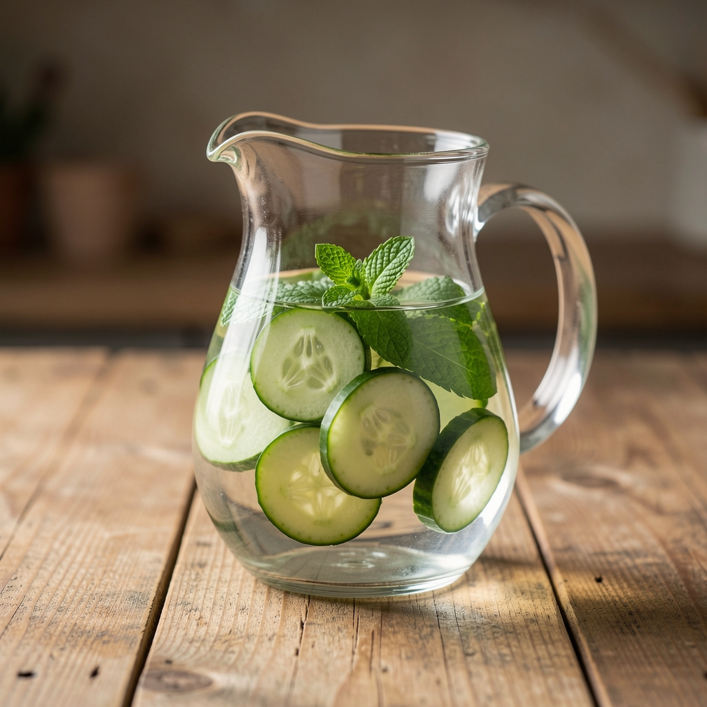 Glass pitcher of water with sliced cucumber and mint on a wooden table
