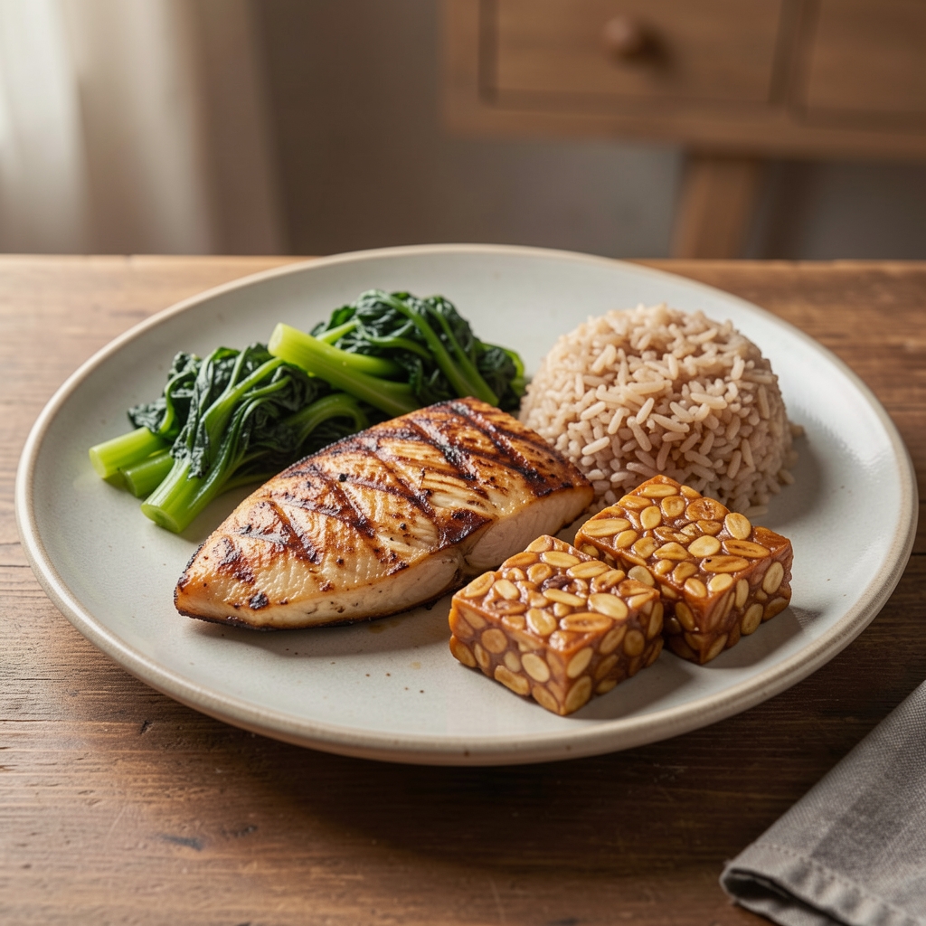 Plate of grilled fish, steamed greens, tempeh and brown rice on a ceramic dish