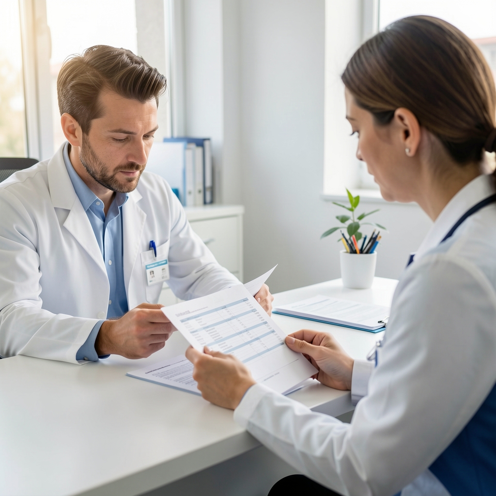 Man reviewing printed laboratory results with a clinician at a bright consultation desk