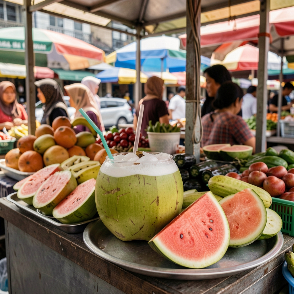 Fresh coconut water, sliced watermelon and cucumber on a market stall in Jakarta