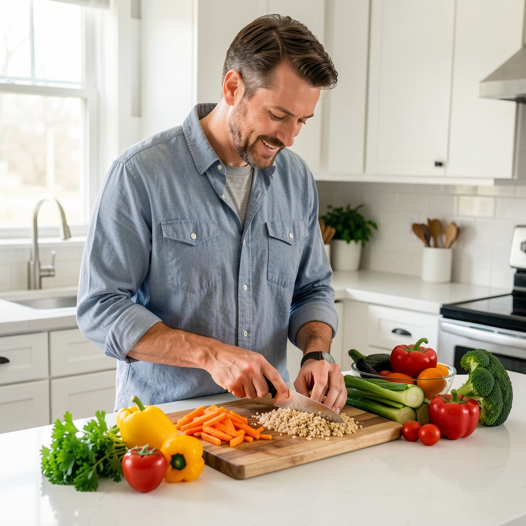 Man preparing colourful vegetables and brown rice on a bright home kitchen counter
