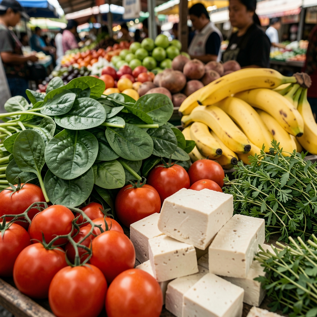 Close view of fresh Indonesian produce including spinach, tomatoes, bananas, tofu, and herbs at a market