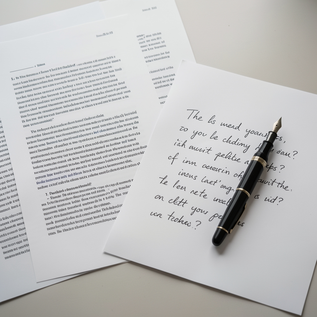 Annotated article printouts and handwritten questions arranged beside a fountain pen