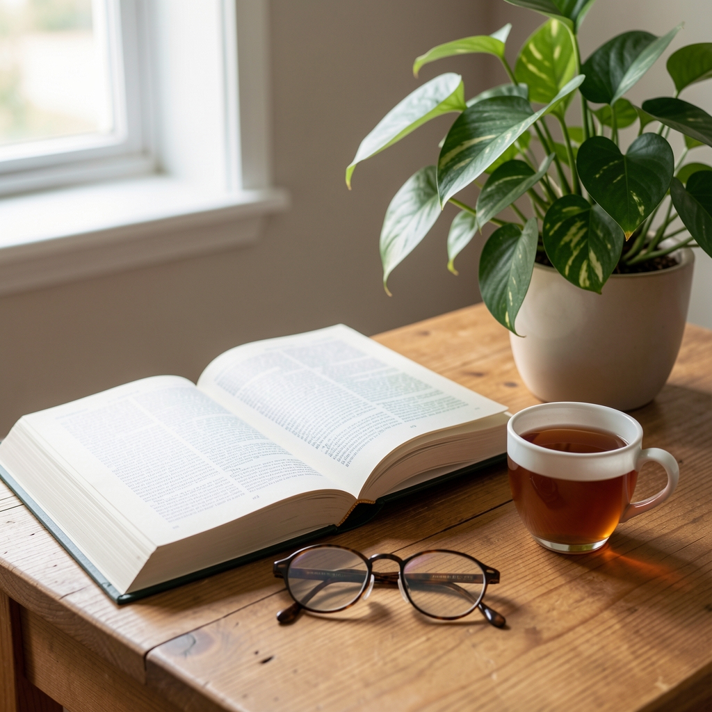 Open health books, reading glasses, and tea on a wooden table near a leafy plant