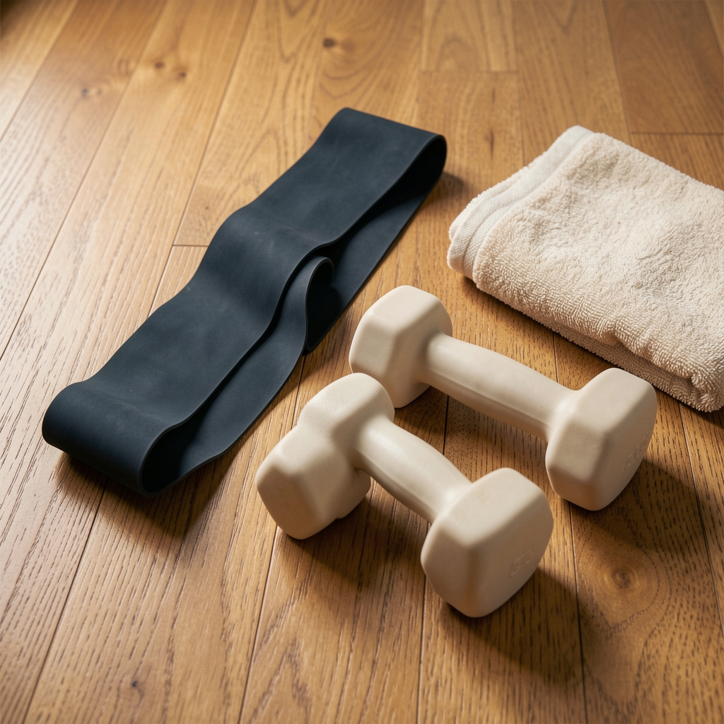 Resistance band and light dumbbells laid out on a wooden floor beside a folded towel